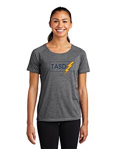 Sport-Tek® Ladies PosiCharge® Tri-Blend Wicking Scoop Neck Raglan Tee - Front Imprint - TASD Lightning Bolt Logo